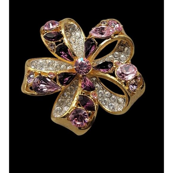 Nolan Miller Brooch Amethyst Purple & Clear Crystals Double Layer Gold Tone - Picture 4 of 15